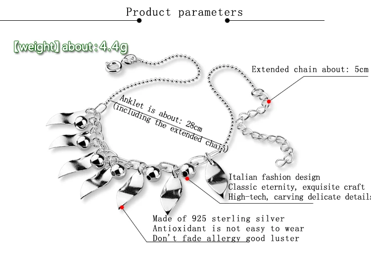 Модный женский браслет из чистого серебра. цельный 925 кулон «Серебряный листок» ножные браслеты. милые ножные браслеты для девушек. очаровательные женские серебряные украшения