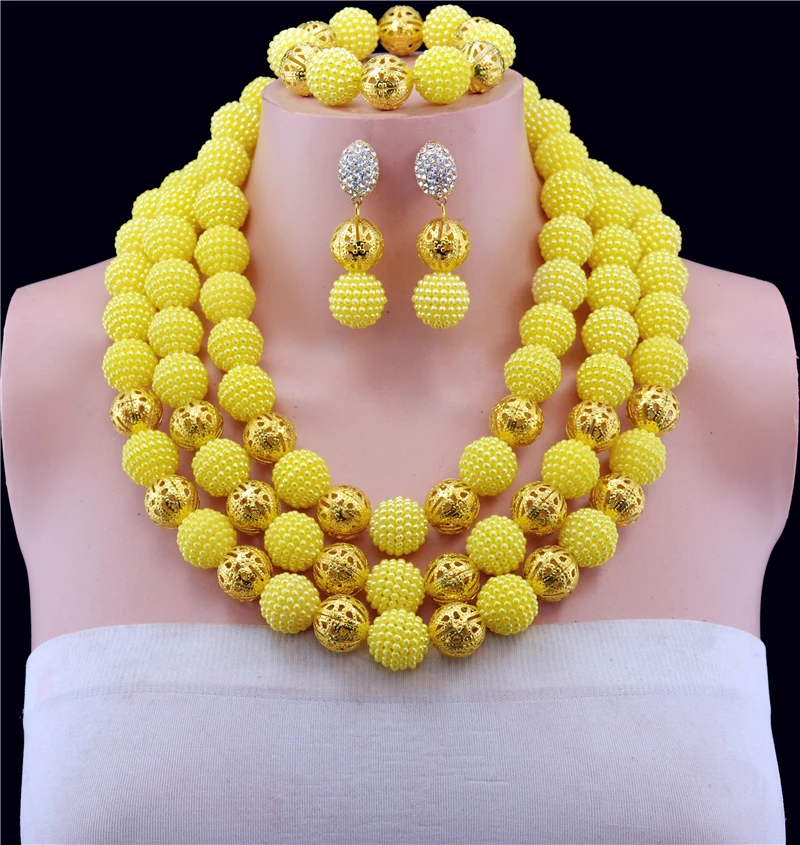 Yellow Costume African Jewelry Sets Gold-color Chunky Nigerian Beads Wedding Jewelry Set Bridal Statement Jewelry Set Free Shipp