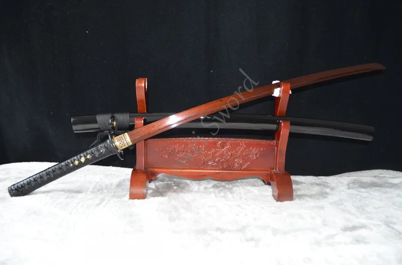 

HAND FORGE JAPANESE SAMURAI KATANA SWORD BLACK&RED FOLDED STEEL FULL TANG SHARP BLADE CAN CUT TREE