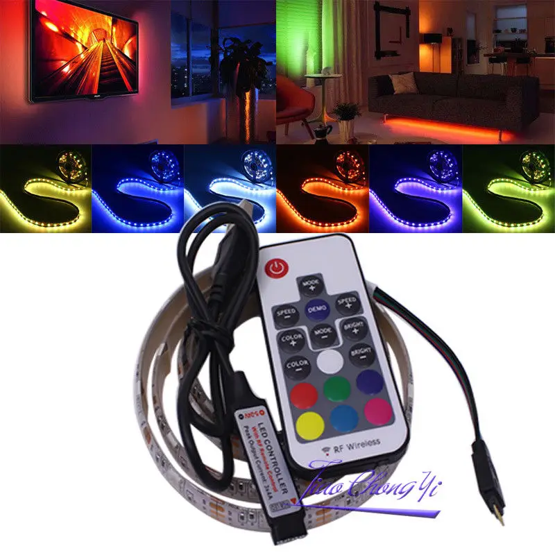 5050 SMD RGB 2M LED Strip USB DC 5V Light Bar TV Back Lights Lamp Kit+RF Remote 