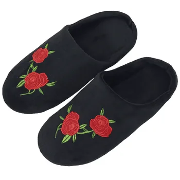 

Flower Women Indoor Slippers Rose Embroider Short Plush Spring Autumn Female Flat Slippers Woman Home Soft Slides