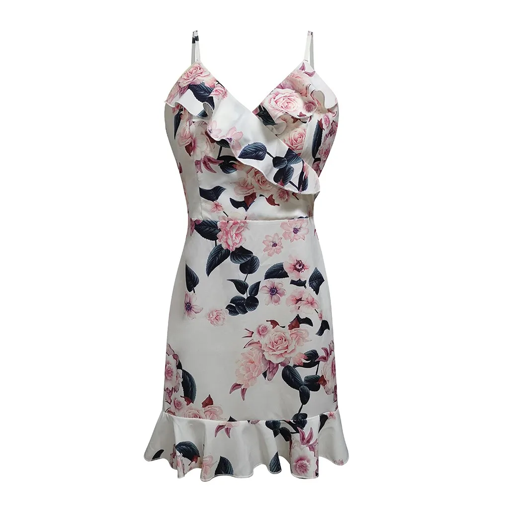Женское сексуальное летнее платье с v-образным вырезом, мини-платье с цветочным принтом на бретельках, женские летние пляжные вечерние платья, повседневные пляжные платья - Цвет: Белый