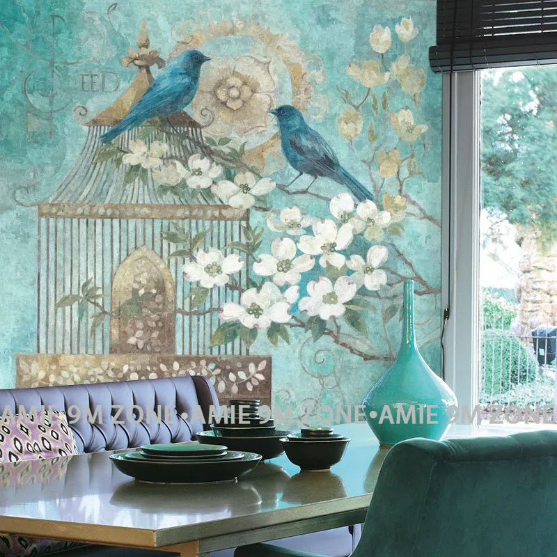 1455 43 De Réductionpersonnalisé Vintage 3d Turquoise Couleur Fleurs Et Oiseaux Mural Sur Le Mur En Gros Pour La Maison Mur Décoration Murale