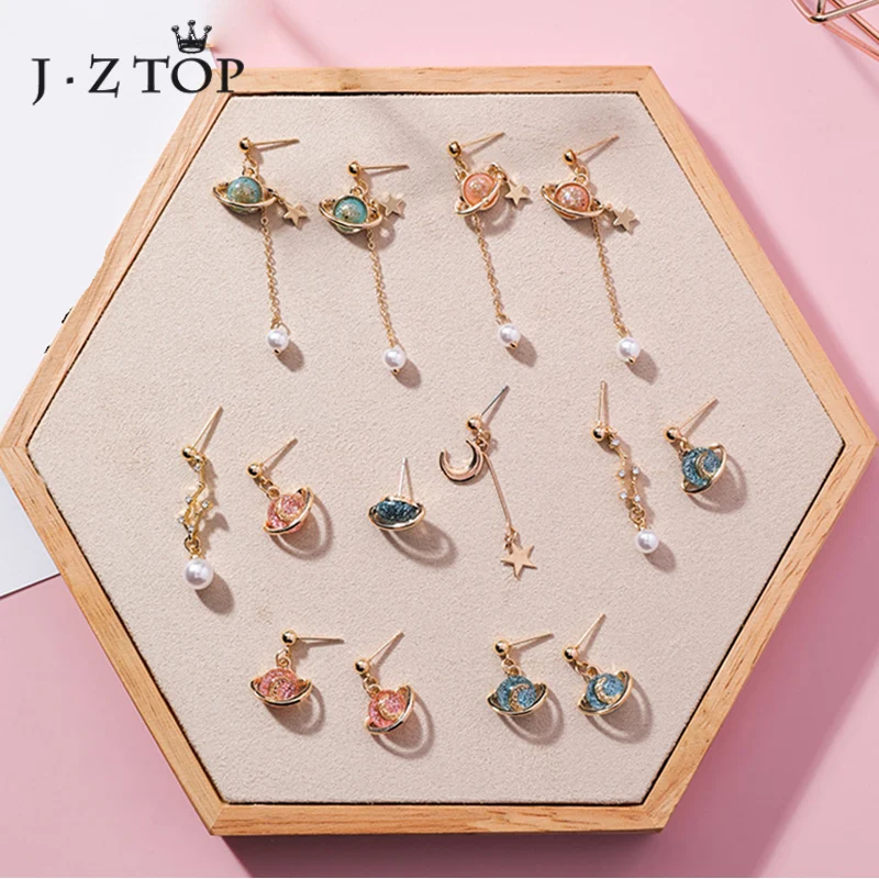 

JZTOP Cute Moon Stars Stud Earrings Universe pentagram Simulated-pearl Earrings Women Asymmetrical Tassel Earrings Jewelry Gift