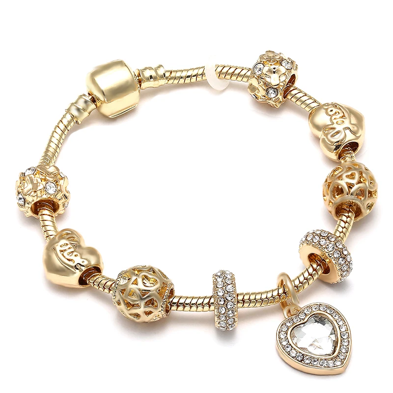 

New Gold Crystal Charms Brand Bracelet&Bangles For Women Love Heart Crown Pendant Zircon Bracelet Girl Jewelry Dropshipping