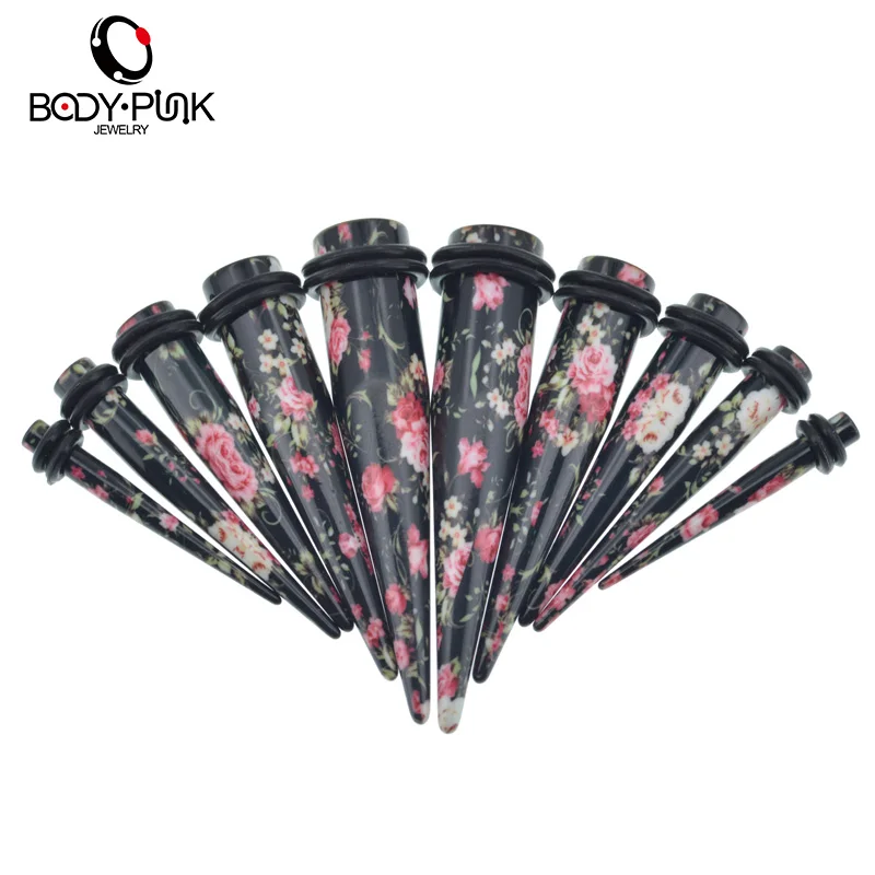 BODY PUNK Sapphire Pink Flower Print Acrylic Taper Ear Expander Piercing Taper Plugs Tunnel Kit Stretcher Gauges Body Jewelry 1