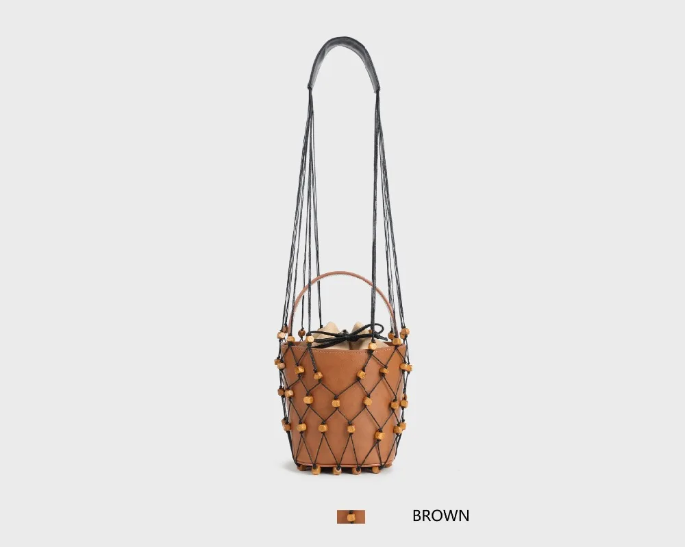 Blascher Summer Women Bags New Fashion Genuine Leather New Frosted Wooden One-Shoulder Handbag Bead Hanging Fishing Net Bag SQ64 (3)