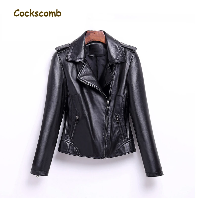 العرف 2018 الخريف الأوروبية والأمريكية دراجة نارية سترة جلدية النساء رفض طوق سحابات الحقيقي الغنم معطف جلد