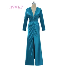 Синий Формальные Реплики платьев знаменитостей глубокий v-образный вырез Длинные рукава тафта Длинные вечерние платья знаменитый красный ковер платья