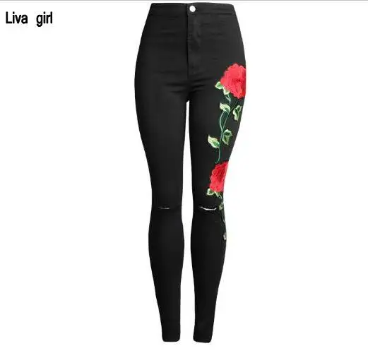 Wholesale fashion women embroidery Slim women s feet embroidered jeans pure black knees worn cowboy