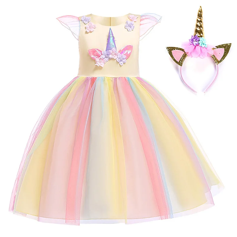 Разноцветное платье для девочек для костюмированной вечеринки с единорогом; платье принцессы с рукавами-крылышками; платья для дня рождения для девочек; Детский костюм на Хэллоуин с единорогом - Цвет: Unicorn Dress set 04