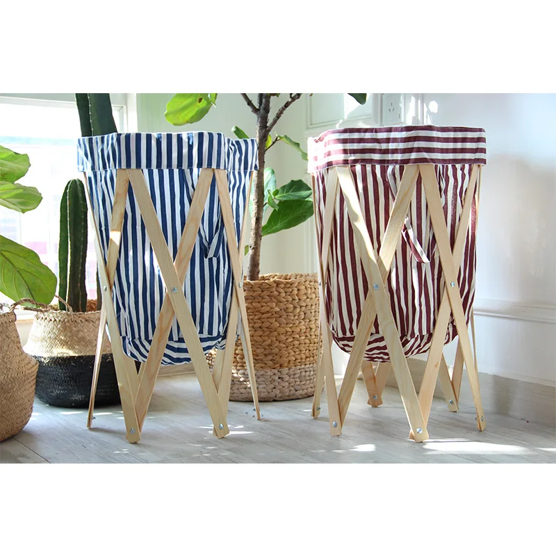 Laundry Basket Folding Laundry Hamper Wooden Frame Hamper Large Fabric Round Storage Basket