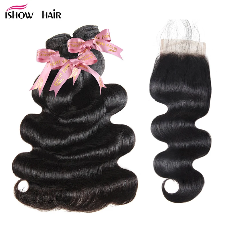 

Ishow Peruvian Hair Bundles With Closure 3Pcs Body Wave Bundles With Closure Remy Human Hair 4X4 Lace Closure With Baby Hairs
