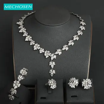 

MECHOSEN Exquisite Dubai Style Sets Shiny Zircon Flower Shape Copper Jewelry For Women Party Bridal Wedding Bangle Earrings Sets