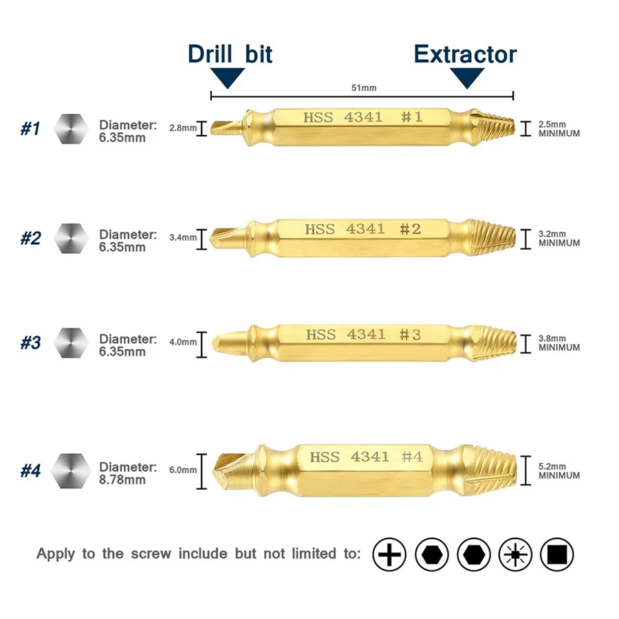Поврежденный Винт экстрактор и удалитель Набор инструментов 4 или 5 штук, S2 HSS 4341 изготовлен из премиум с титановым покрытием сломанный винт