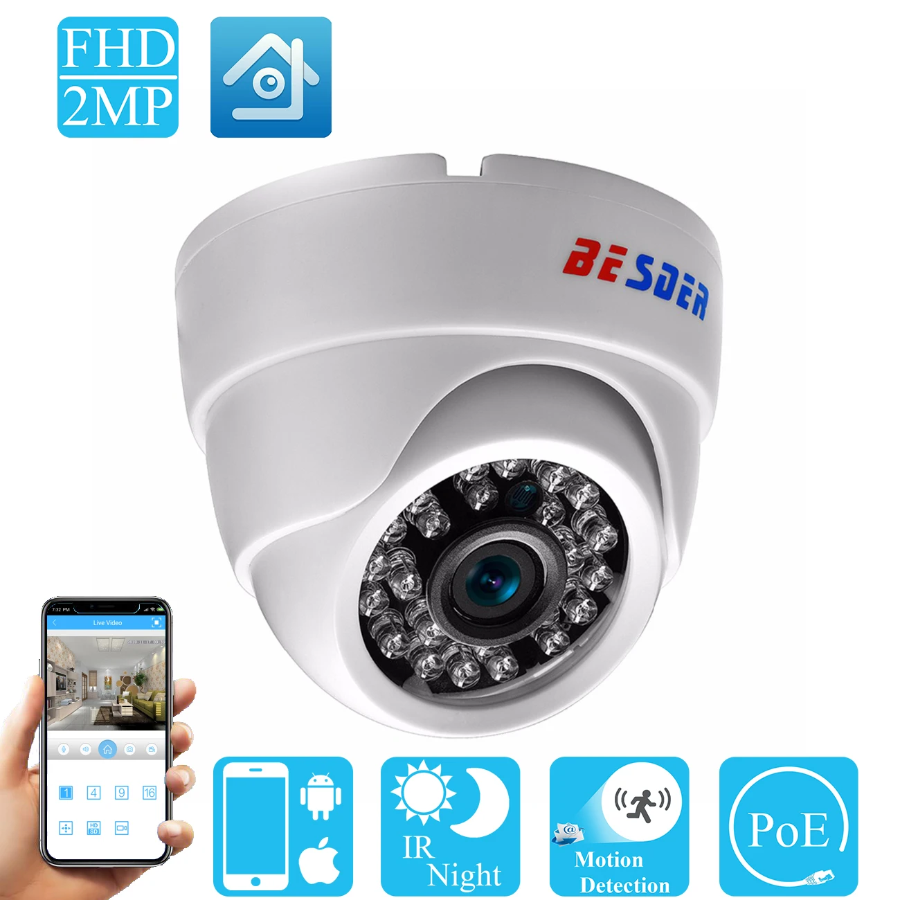

BESDER 2.8MM Wide Angle IP Camera 720P/1080P P2P H.264 Onvif Small CCTV Indoor Dome Surveillance Video Camera RTSP 48V POE XMEye