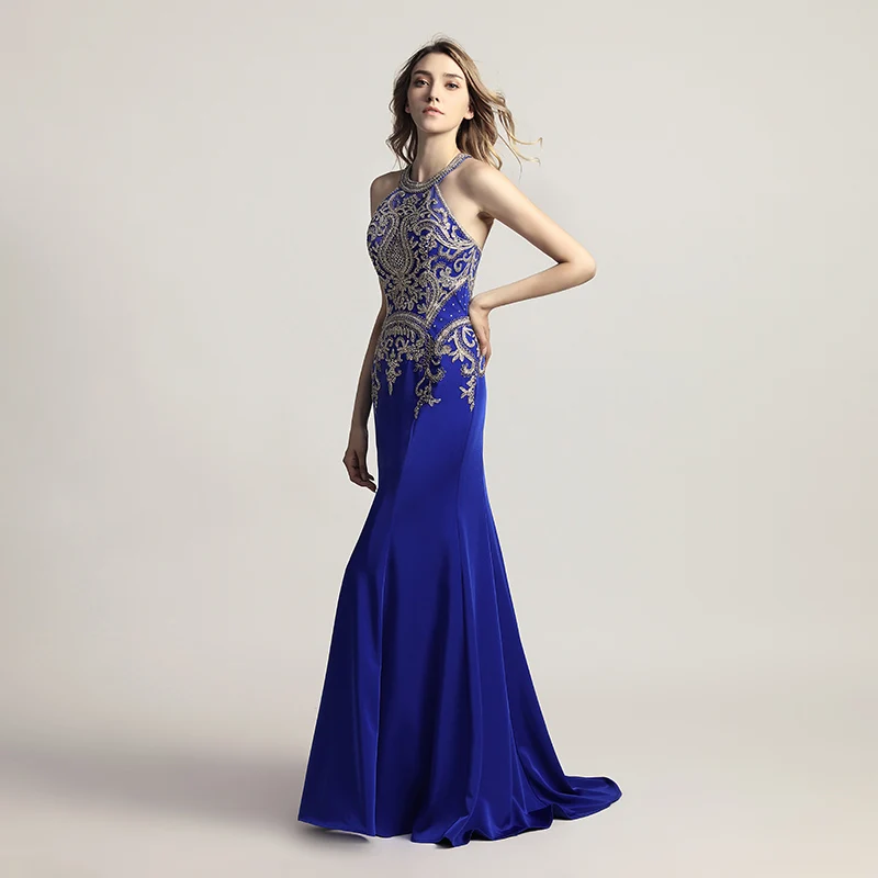 Элегантные женские официальные темно-синие длинные вечерние платья русалки с аппликацией из бисера, атласные вечерние платья на выпускной OL440 - Цвет: Royal Blue