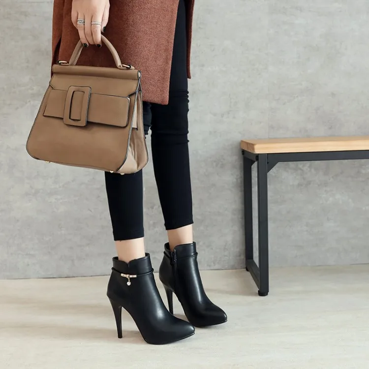 

Big Size 11 12 13 14 15 Ma'am Short boots Pure color Metal decoration Pointed Boot barrel High heel boots