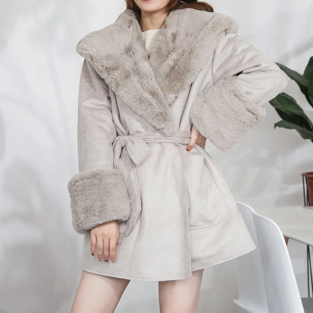 Women Suede Faux Hair Parkas Female Autumn Winter Thicken Oversized Velvet Outwear Womens Fur Collar Jacket Coat Ds50241