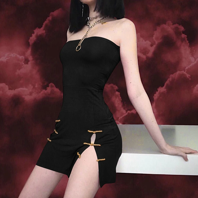 

InstaHot Strapless Split Vintage Red Dress Women 2019 Spring Summer Stretchy Cheongsam Style Sexy Party Dresses Holiday Clothes
