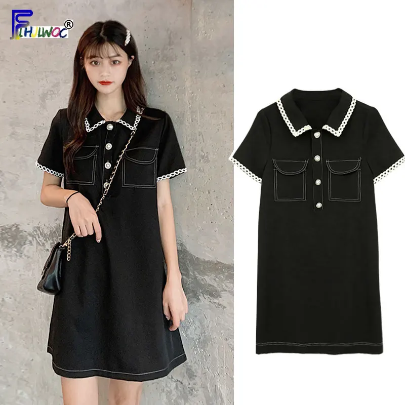 

Summer Loose Mini Dresses Hot Sales Woman Fashion Japan Preppy Style Girls Peter Pan Collar Blue Little Black Dress 7314