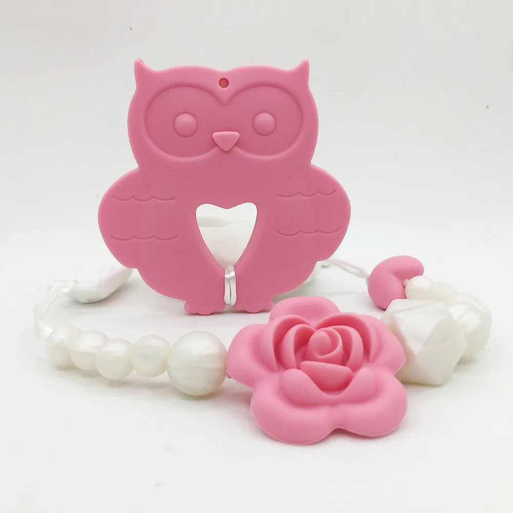 Safety Silicone Owl Pacifier Chain with flower beads Baby Pacifier Clip