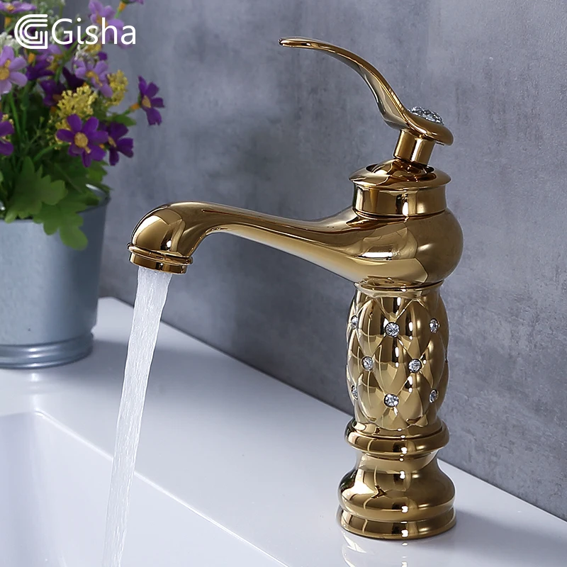 Comprar Grifos de lavabo de baño Gisha grifo de latón clásico de diamante grifo de un solo mango grifo frío y caliente grifos de lavabo de cristal dorado