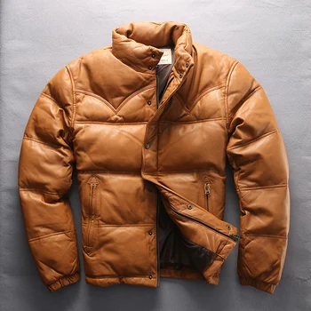 

Men's goat skin zipper warm down jacket brand genuine leather down jacket male autumn winter Coats large size M-4XL