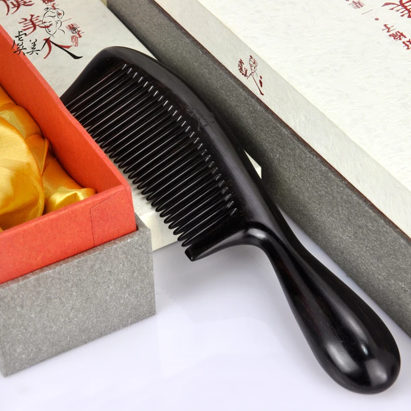 Top Grade Natural Ebony Wood Comb Ebony Carved Black Wood Quality Gift Box Pda
