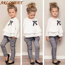 Коллекция года, модная одежда для малышей комплект одежды для девочек из 2 предметов, весенне-осенняя одежда футболка с оборками комплект одежды, топы+ штаны в клетку