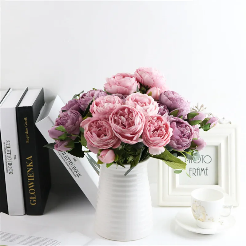 

1 Bundle Rose Pink Silk Peony Artificial Flowers Bouquet 5 Big Head and 4 Bud Fake Flowers for Home Wedding Decoration Indoor