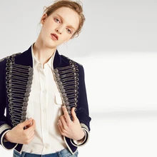 Осень Для женщин высокое качество Темно-синие Винтаж двубортная куртка с лацканом с вышивкой и длинными рукавами пальто, украшенное бисером, верхняя одежда