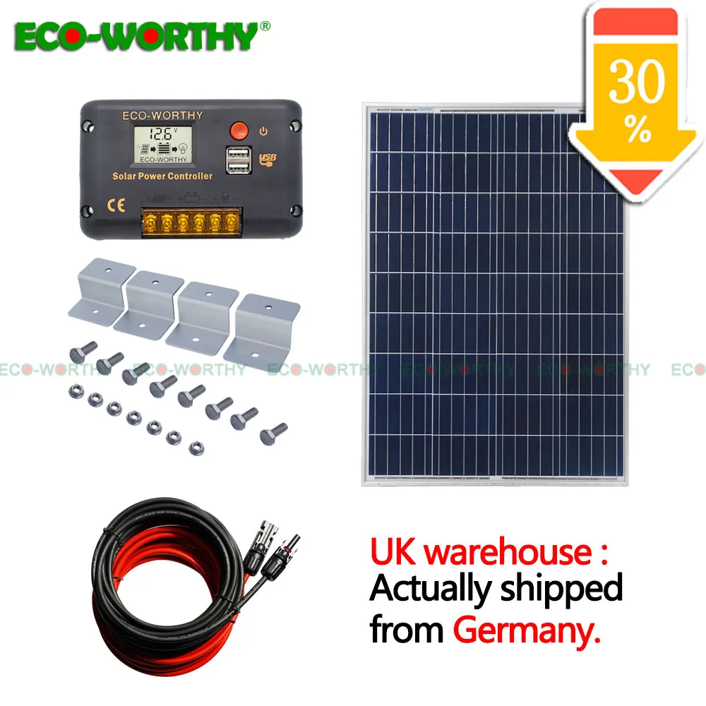 

100W solar kit:100W 18V Solar Panel with 20A CMG Controller Z bracket 5m black red wires cables for 12V battery Home Off Grid