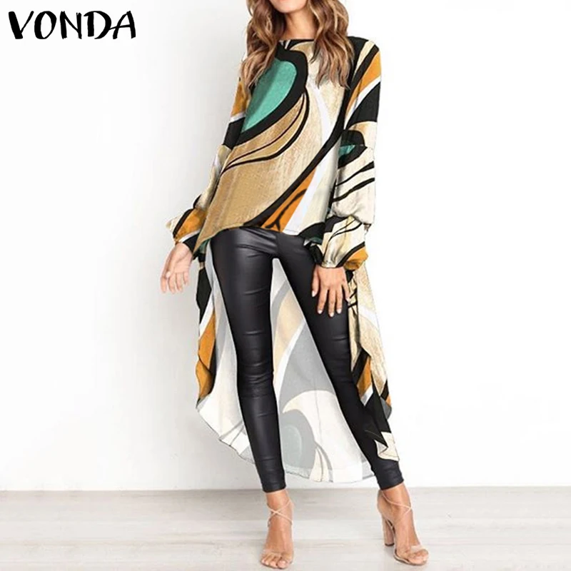  VONDA Women Blouse Casual Patchwork Printed Shirts 2019 Bohemian Long Shirt Lantern Sleeve Tops Irr
