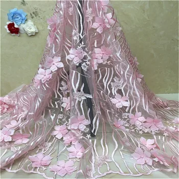 

High quality 3D beads applique stereoscopic Swiss French net African voile tulle mesh lace fabric for dress 5yards pink white