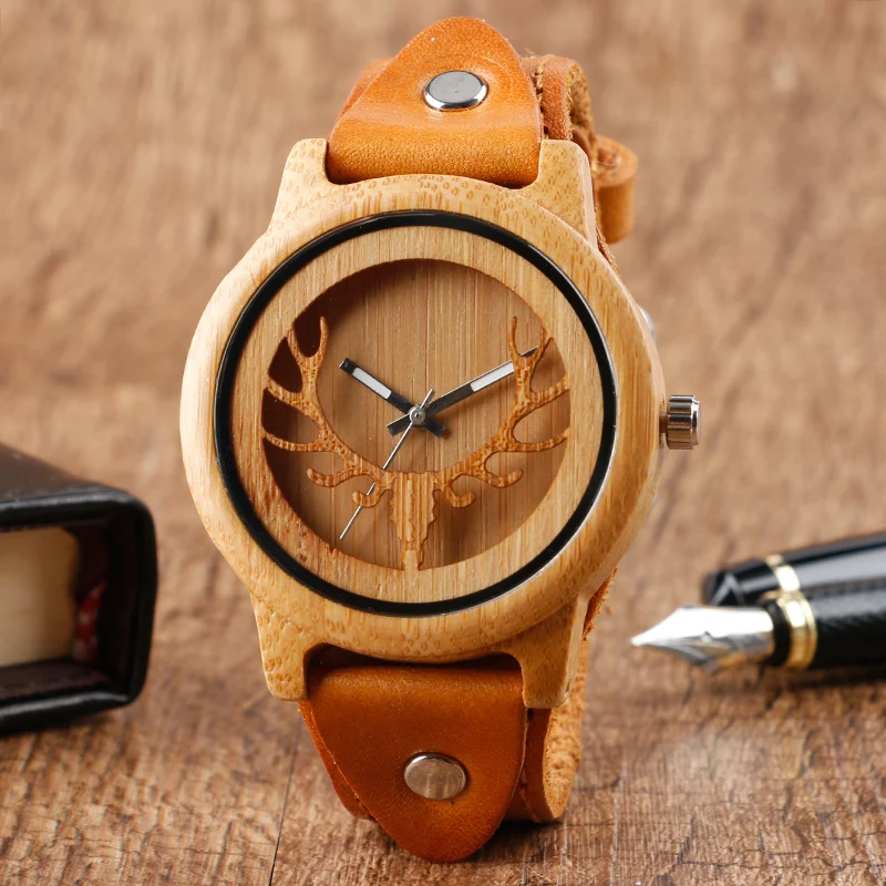 

Unique Steampunk Wood Watches Men's Elk Deer Moose Design Bamboo Handmade Wrist Watch Male Quartz Clock Gift Item