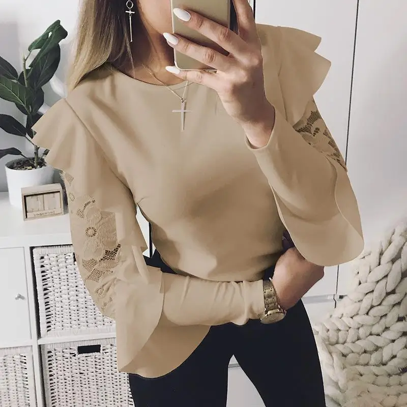 Prix Dentelle Patchwork Blouse Travail Élégant À Volants Blusas Mujer Manches Longues Femmes Tops Casual Dames Chemise WS5317X