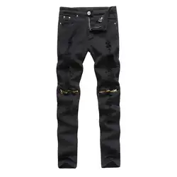 Джинсовые брюки до колена с дырками на молнии байкерские джинсы мужские тонкие обтягивающие рваные джинсовые брюки хип-хоп swag длинные