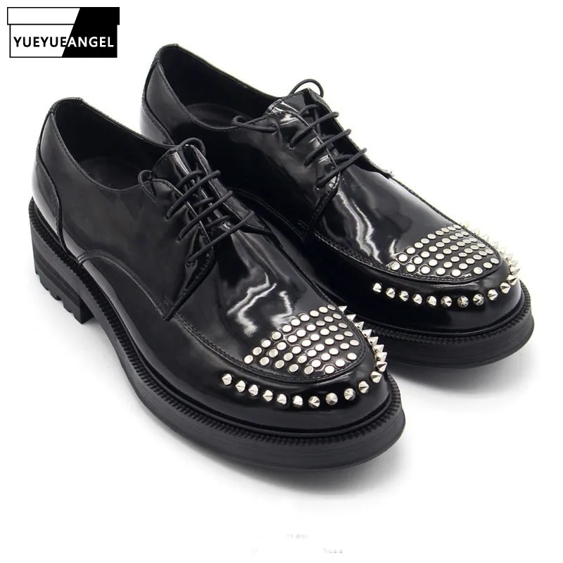 Luxury Solid Black Round Toe Platform Shoes Men Handmade Rivet Lace Up Genuine Leather Oxford 