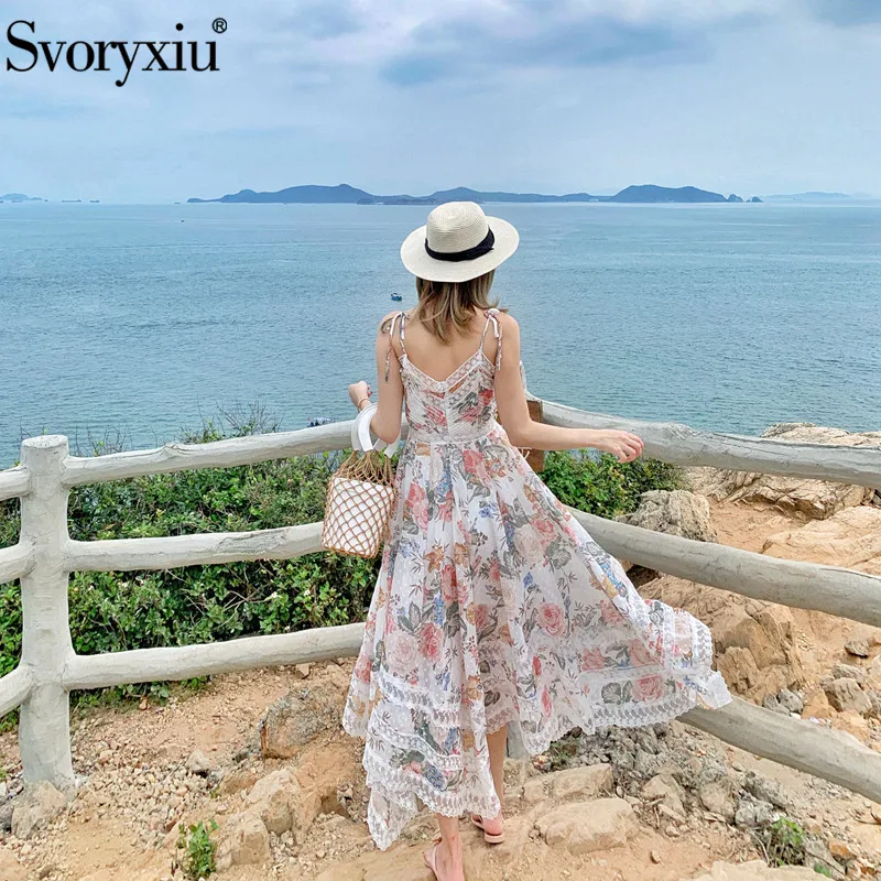 

Svoryxiu Summer Runway Designer Brand Asymmetry Dresses Women's Spaghetti Strap Floral Print Beach Party Dress