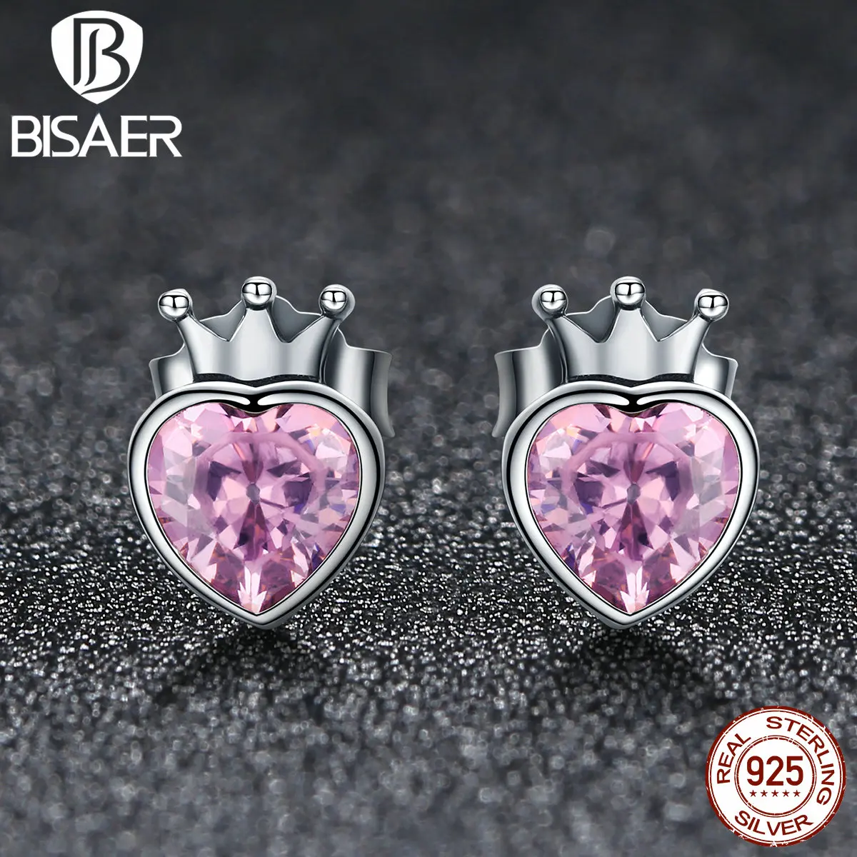 Модное 925 пробы Серебряное сердце Корона, розовые Сияющие серьги cz серьги-гвоздики для женщин подлинные оригинальные серебряные ювелирные изделия подарок ECE174