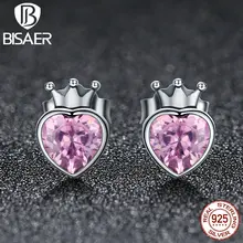 Модное 925 пробы Серебряное сердце Корона, розовые Сияющие серьги cz серьги-гвоздики для женщин подлинные оригинальные серебряные ювелирные изделия подарок ECE174