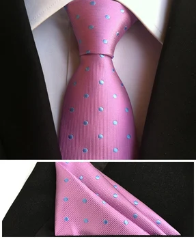 

New Designer's Tie Set 8cm Formal Necktie Pink with Blue Dots Gravata Woven Handmade Pocket Square