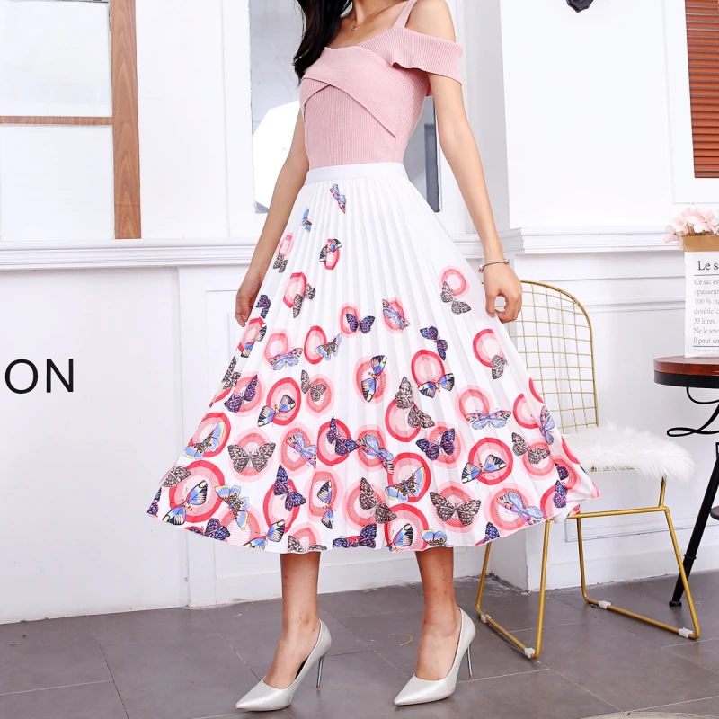 New Fashion Floral Print High Waist Elastic Streetwear Summer Skirts Women Pleated Mid-Calf Swing Party Skirt Indie Folk - Цвет: 1095-017