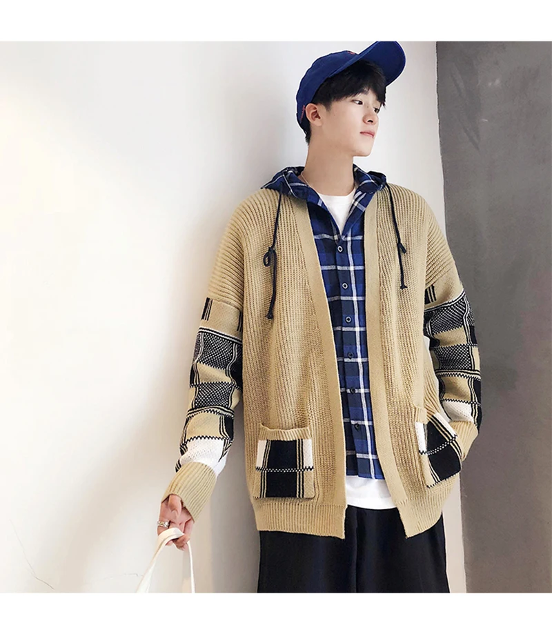 Korean Oversized Sweater Cardigan Men Plaid  (10)