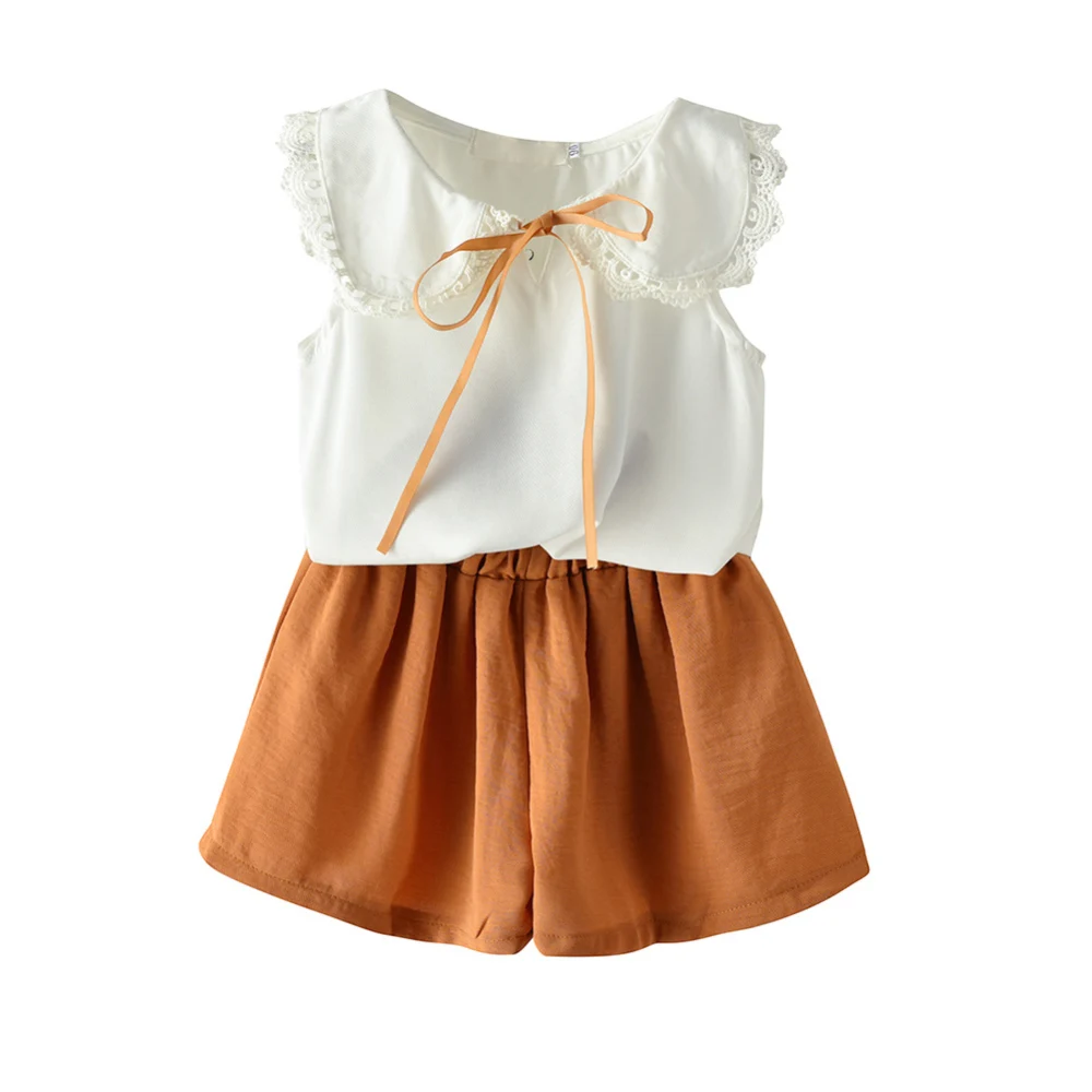

2019 new fashion beautiful Children's Two-piece Suit Girl Sleeveless Doll Collar Shirt Wide Leg Shorts