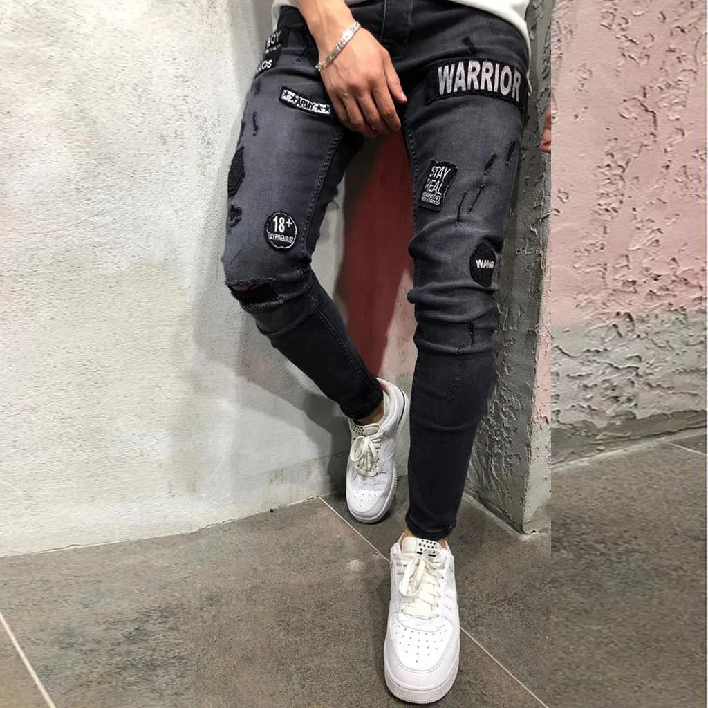 Mens Stretch Denim Pant Distressed Ripped Freyed Slim Fit Pocket Jeans Trousers Skinny Jeans Elastic Waist Male Trousers