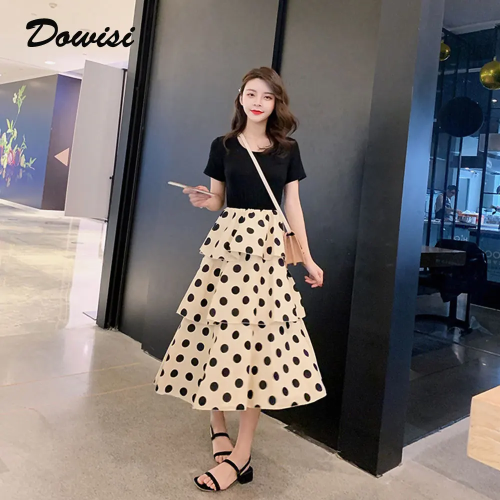 

Dowisi new fashion women dress summer short sleeve dresses for women o neck dot printed femme robes 2019 verano lady vestidos
