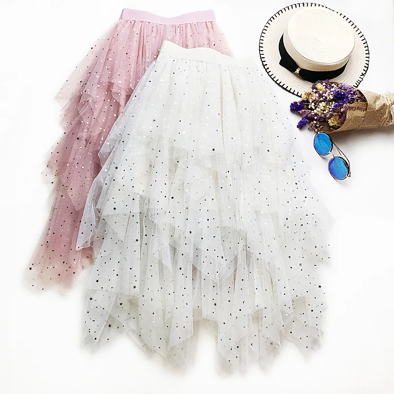 

Spring and summer 2019 new Korean version of sparkling star moon irregular hemiskirt female A net yarn skirts