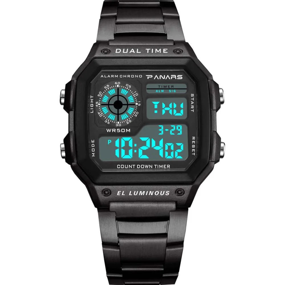 

High-end Acero Inoxidable Women Watches Gold Dual Time Men's Multi Function Date LED Electronic Watch relojes mujer acuaticos *A